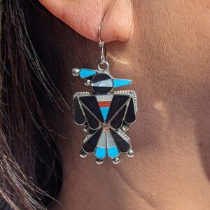 Genuine Handmade Navajo Jewelry‎ Zuni Tribe Earrings Thunderbird Silver ***